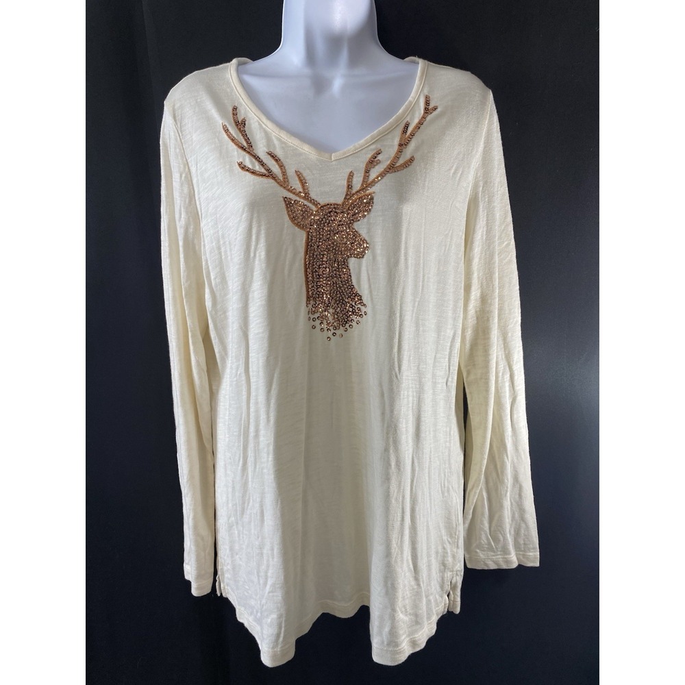 Quacker Factory Womens Christmas Shirt Size Medium Super Soft Modal Sequin Deer